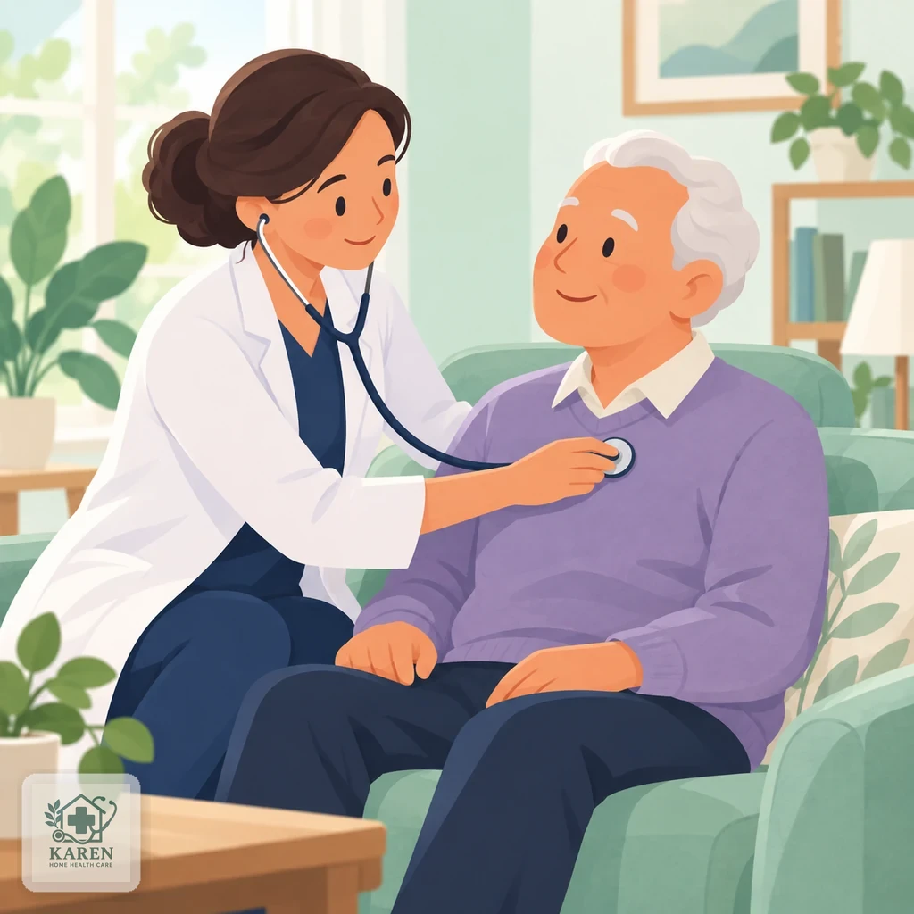 پزشک در حال گوش‌دادن به صدای قلب بیمار سالمند با گوشی پزشکی در اتاق نشیمن، تصویر مفهومی ارزیابی قلبی پیش از تجویز ضدالتهاب