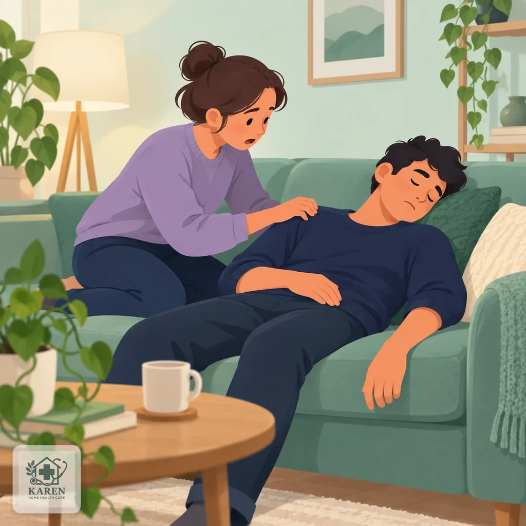 همراه در حال صدازدن و تکان‌دادن آرام شانه‌ی دوستی که روی مبل افتاده و پاسخ نمی‌دهد