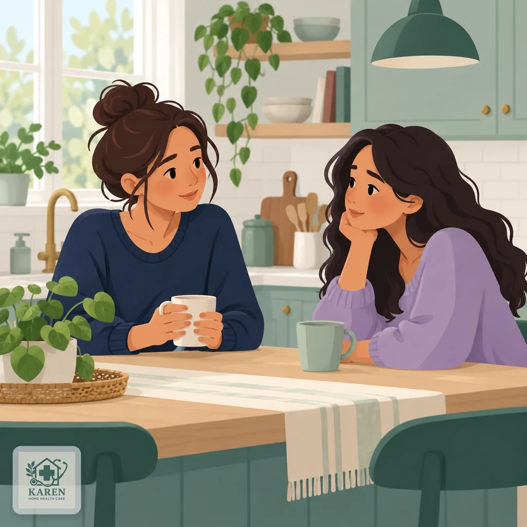 دو دوست در گفتگوی آرام روز بعد درباره‌ی اتفاق دیشب؛ فضای بدون سرزنش و همراه با مراقبت