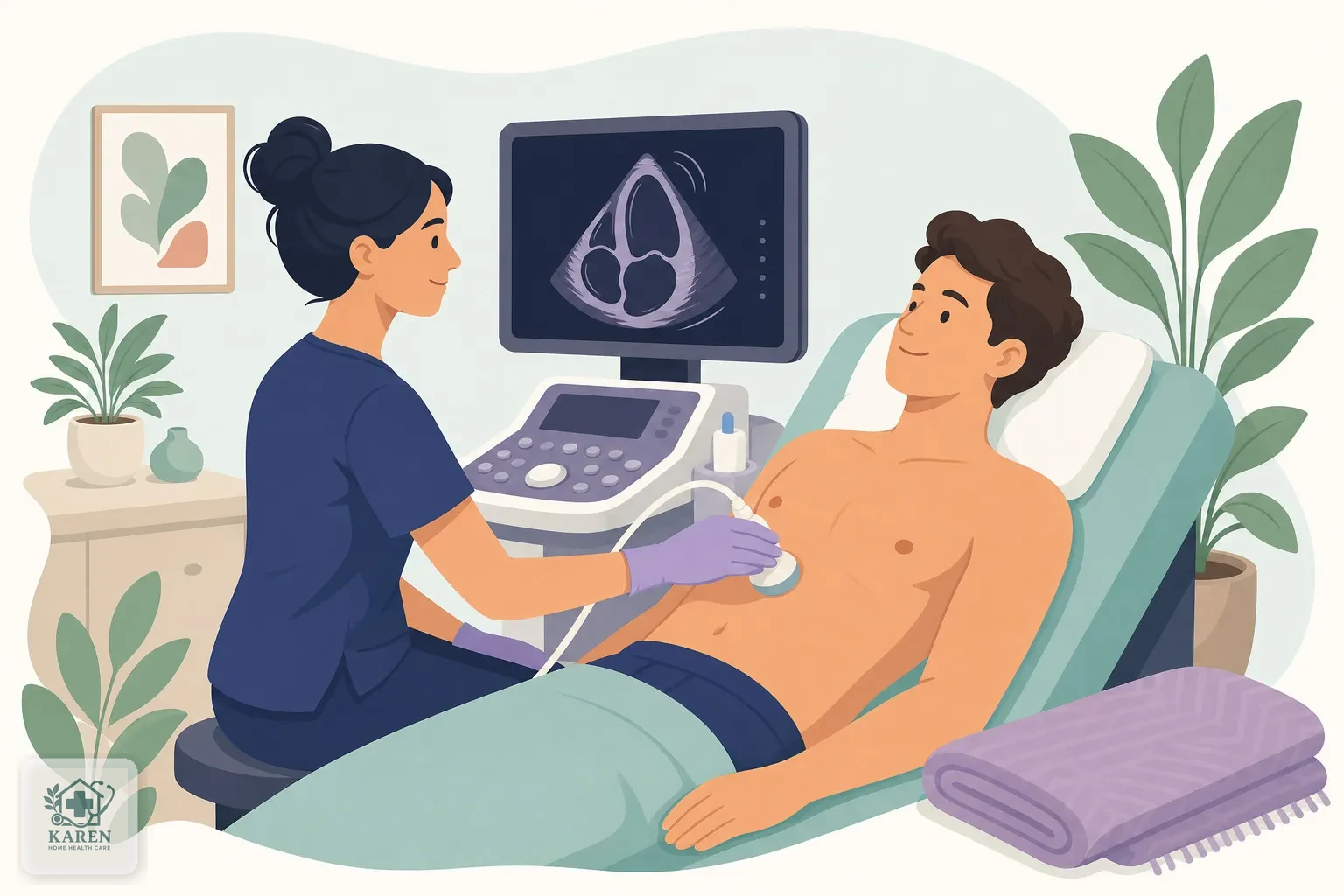 سونوگرافیست در حال انجام اکو قلب با مبدل روی قفسه سینه بیمار
