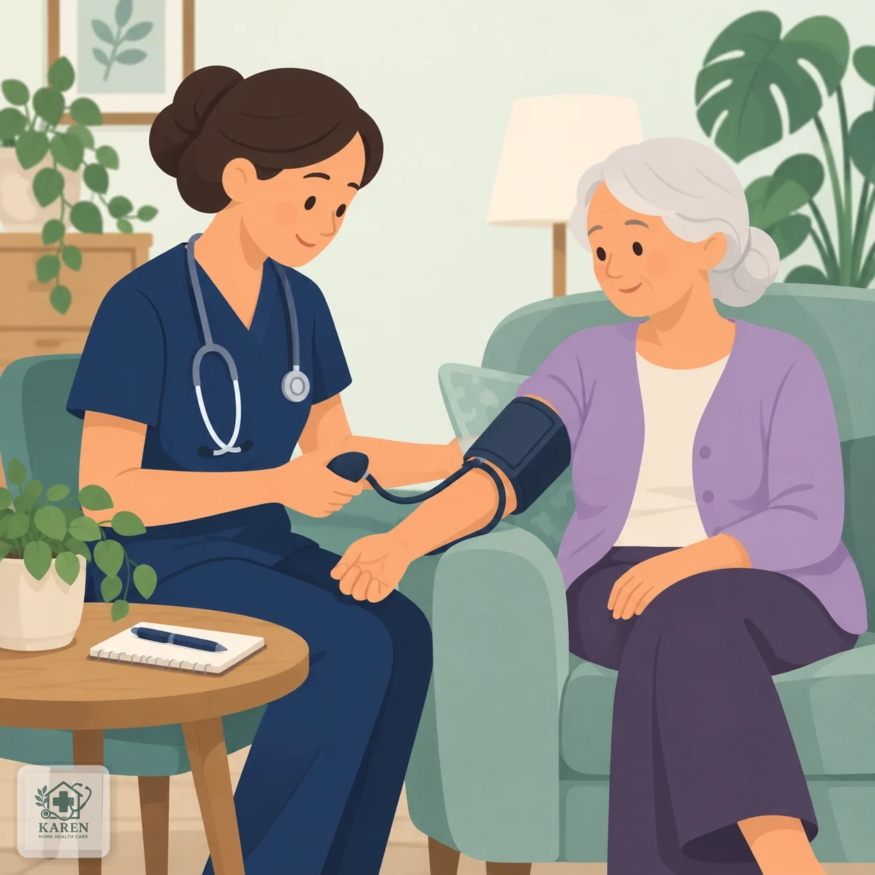 پرستار در حال اندازه‌گیری فشار خون سالمند در منزل