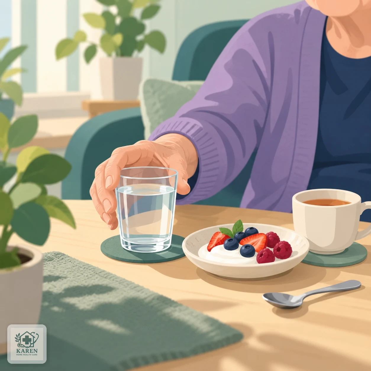 میز ساده با آب، میوه نرم، ماست و چای برای تغذیه و آب‌رسانی سالمند