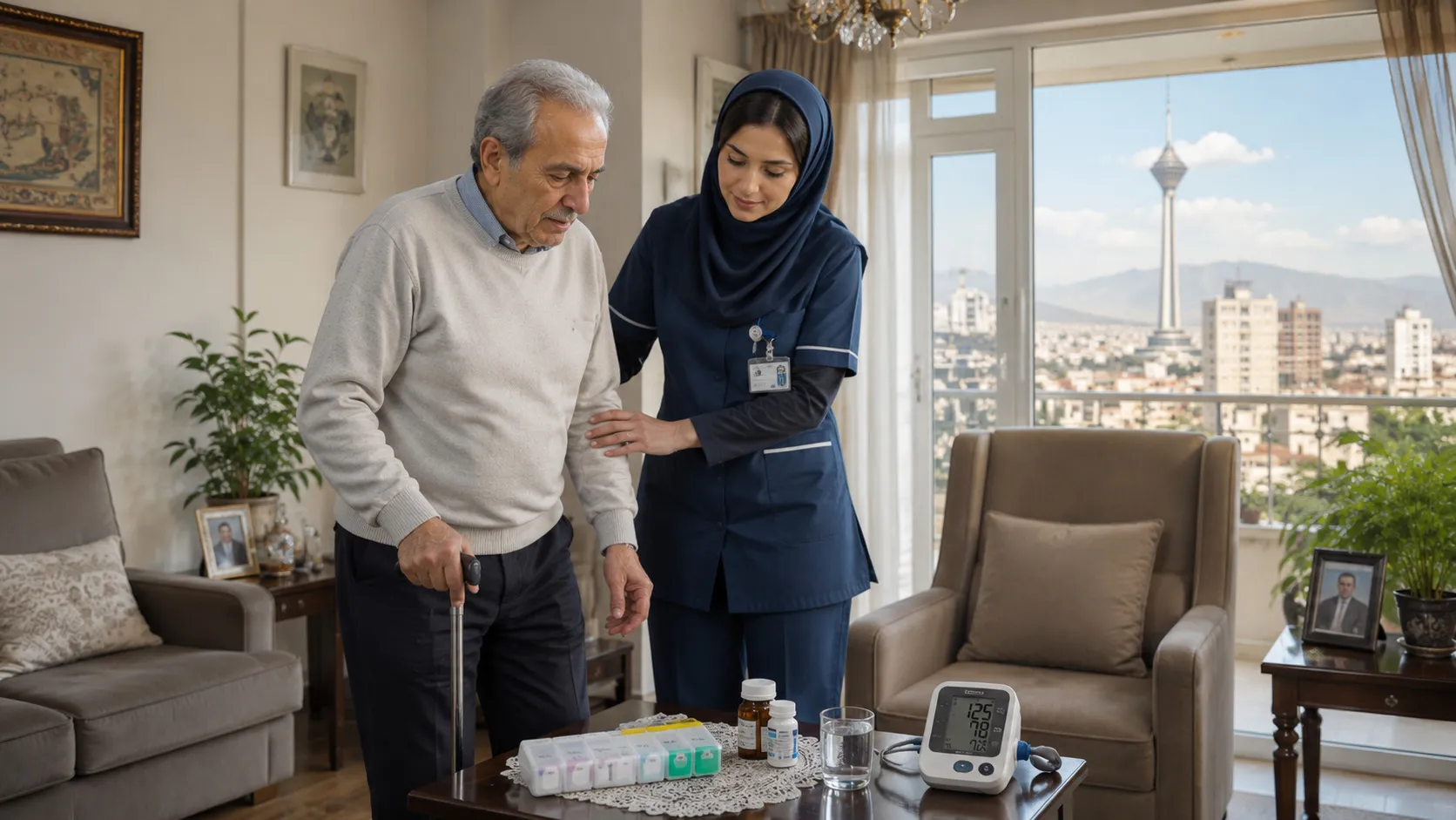 پرستار سالمند در منزل در حال کمک به مراقبت روزمره و جابه‌جایی ایمن