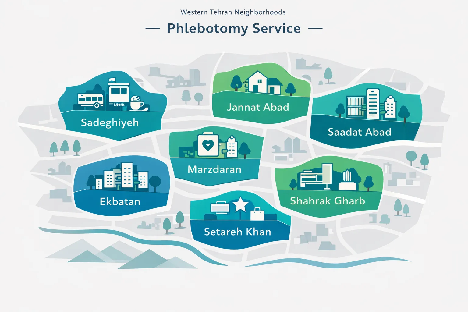 محله های غرب تهران برای فصد خون در منزل - صادقیه پونک جنت آباد اکباتان شهرک غرب
