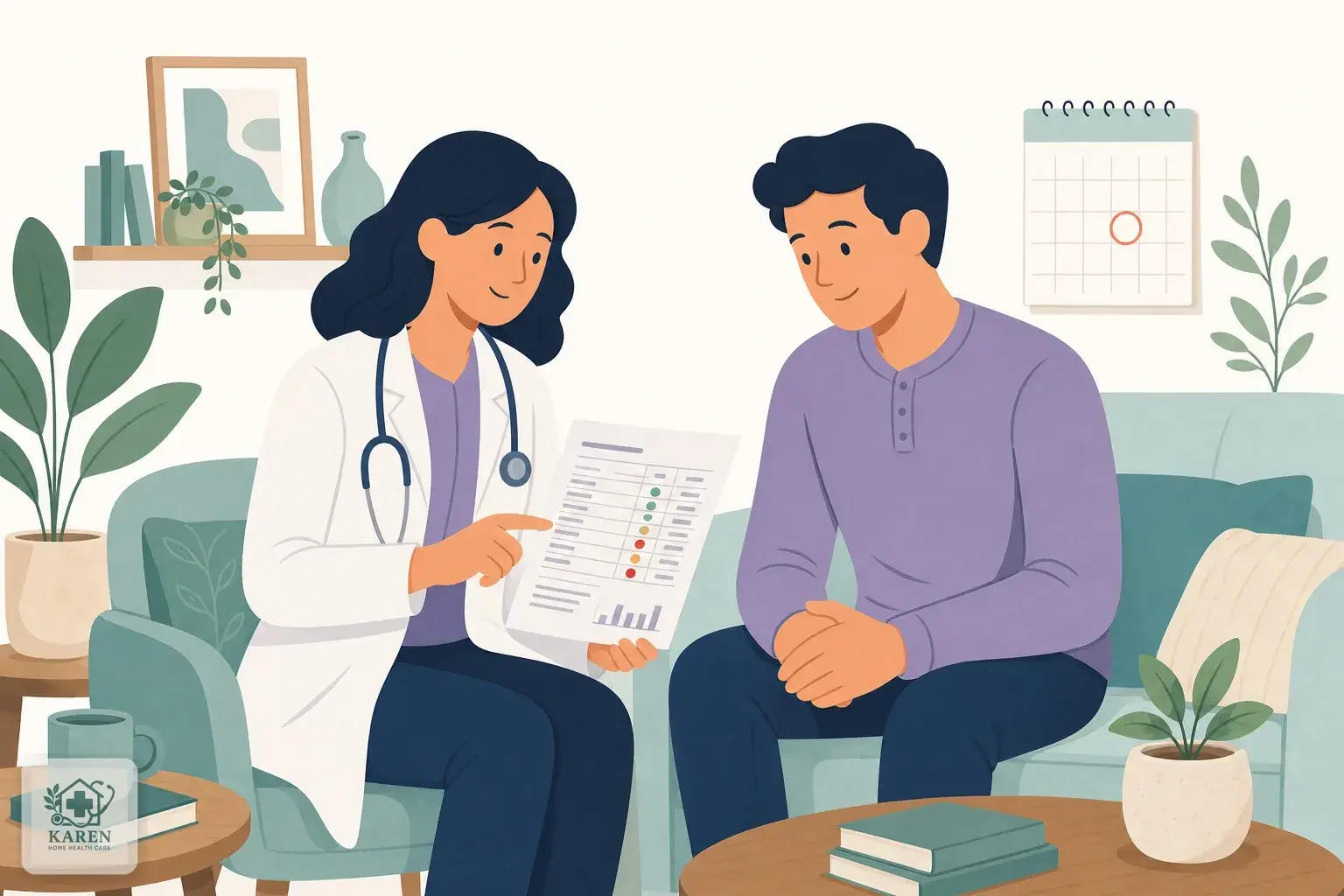 پزشک و بیمار در حال بررسی نتیجه آزمایش خون پیش از تعیین نوبت بعدی فصد