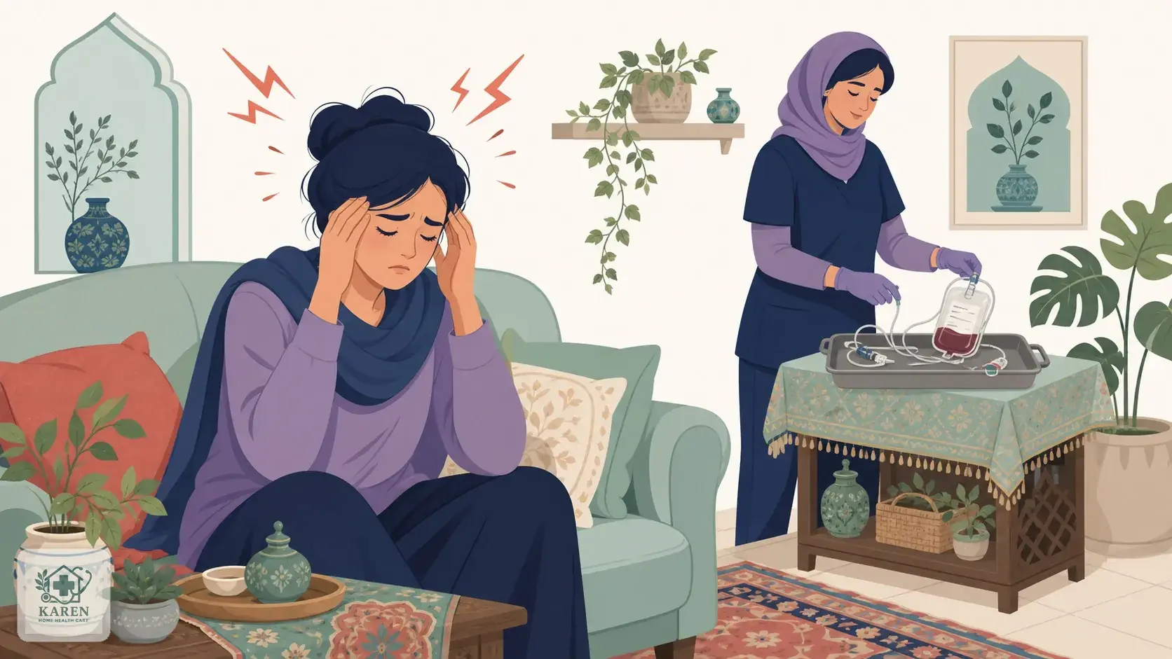 فرد در حال سردرد میگرنی در منزل و پرستار در حال آماده‌سازی وسایل فصد خون