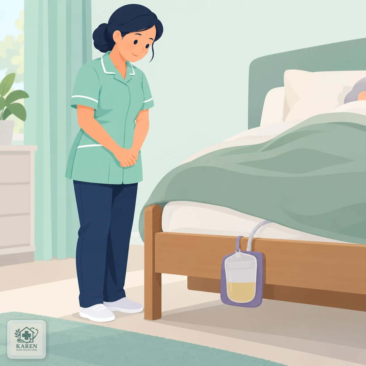 تصویر تزئینی ساده از یک سوند ادراری و کیسه تخلیه در کنار پرستار در محیط آرام منزل