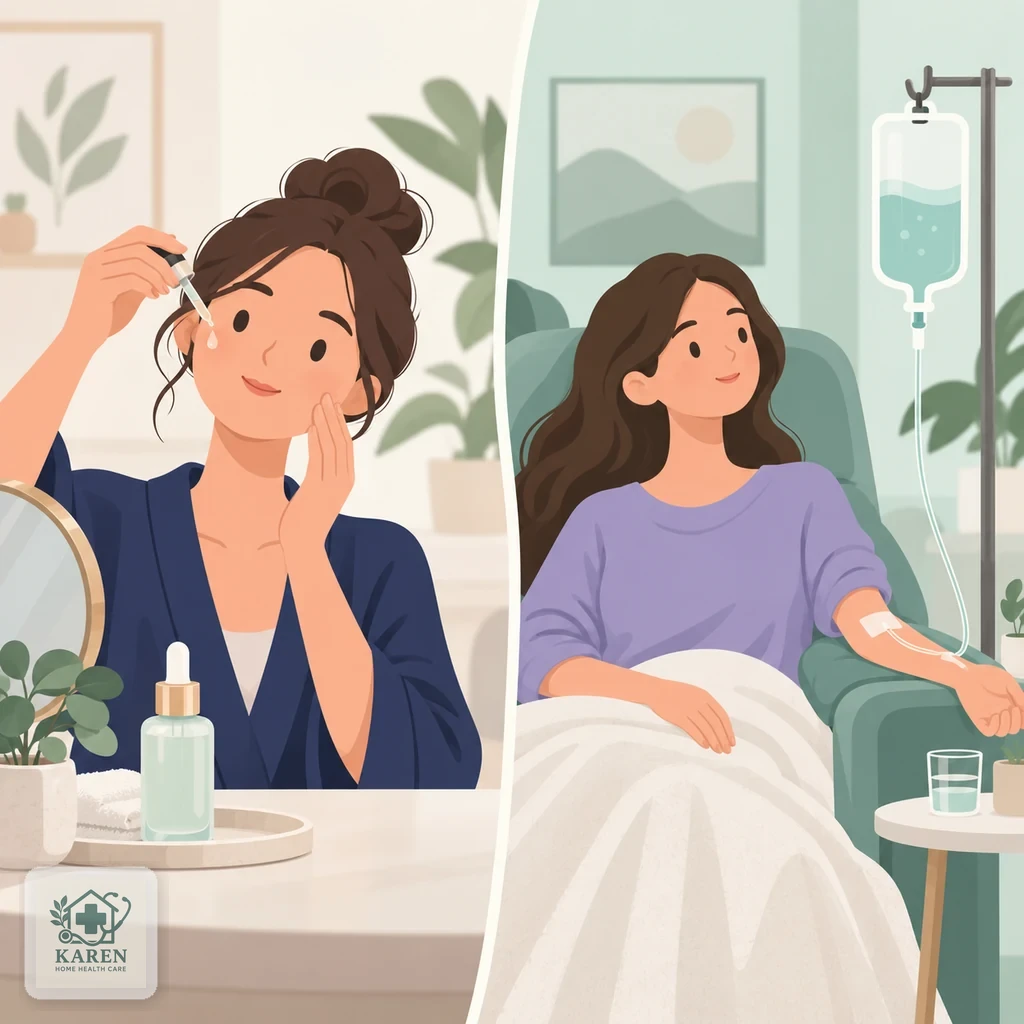 یک بطری قطره‌چکان آرایشی و یک کیسه سرم کنار هم روی میز، تصویر مفهومی تفاوت سرم موضعی و سرم تزریقی