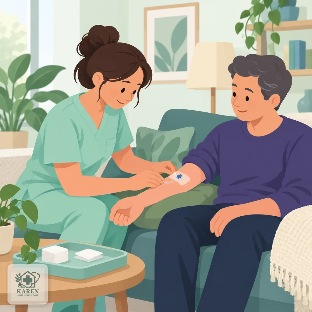 پرستار در حال بررسی دقیق محل ورود کاتتر در ساعد بیمار نشسته روی مبل، تصویر آموزشی مراقبت از محل تزریق وریدی