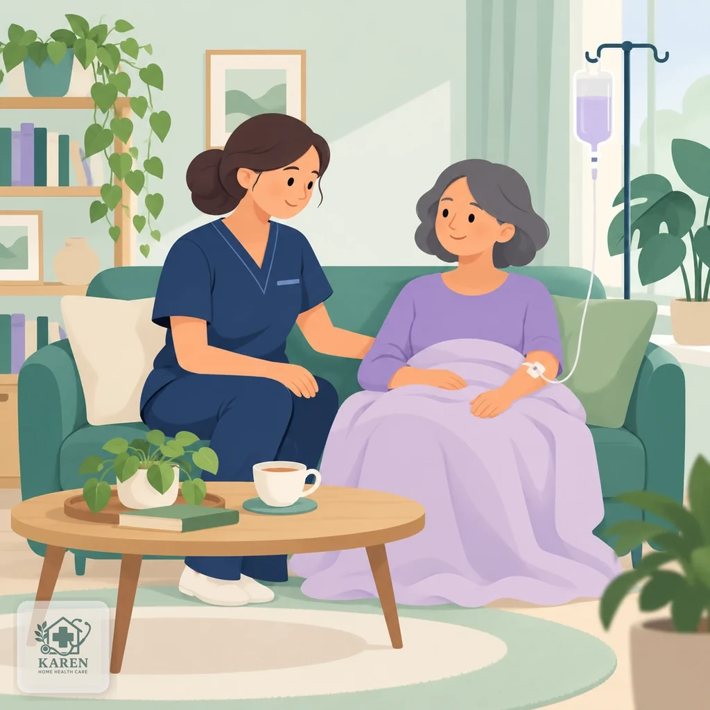 پرستار کنار بیمار نشسته روی مبل در حال بررسی کیسه سرم وصل‌شده در محیط آرام خانه