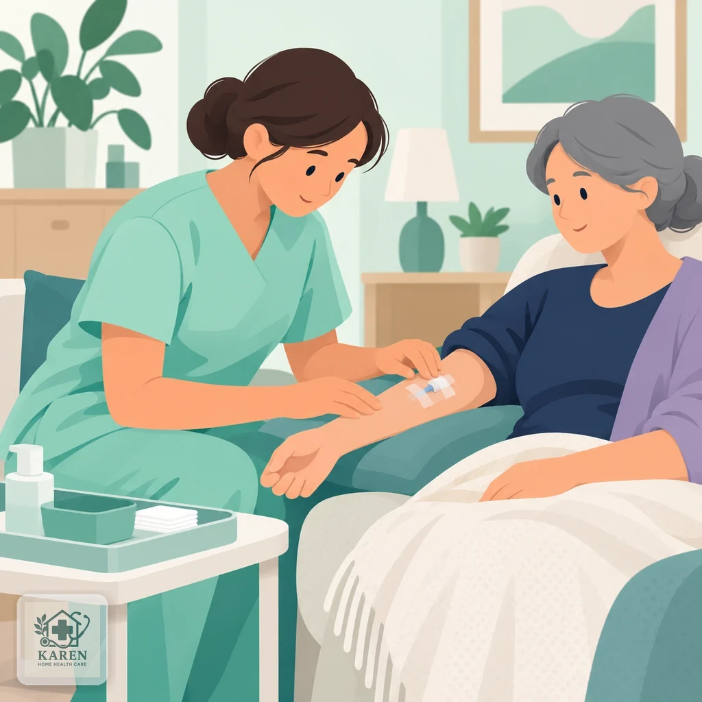 پرستار در حال بررسی ملایم محل رگ‌گیری روی ساعد بیمار برای تورم یا قرمزی، تصویر آموزشی پایش محل تزریق وریدی