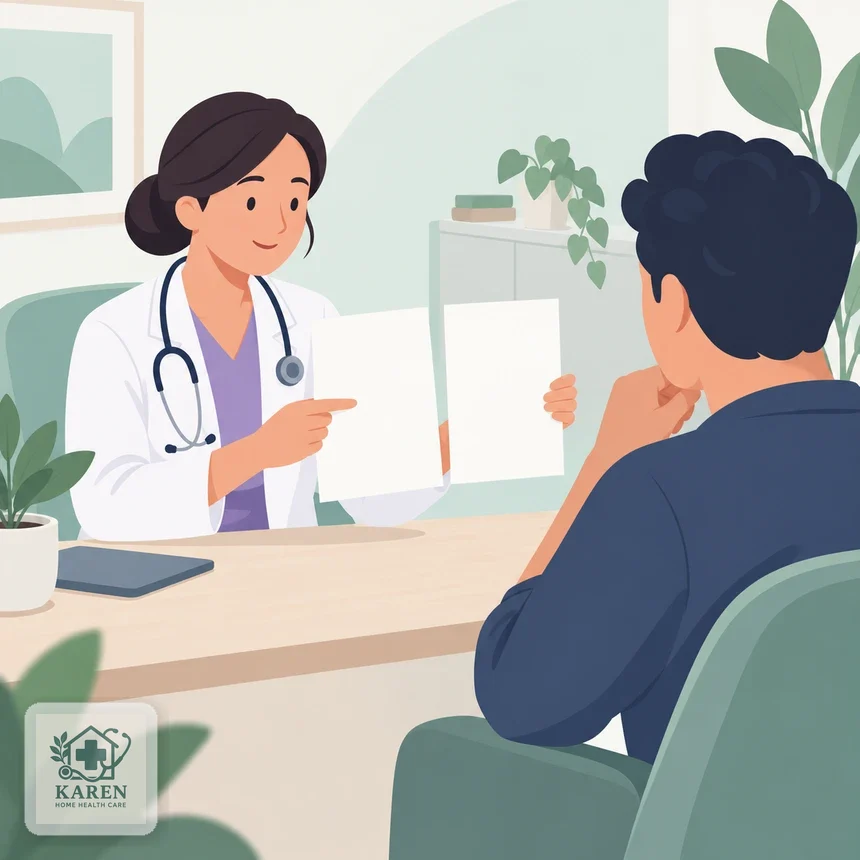 پزشک در حال مقایسه دو نتیجه آزمایش جداگانه با مرد بزرگسال