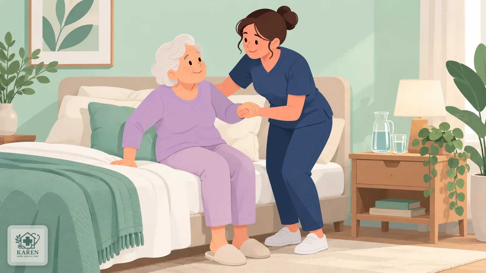 همراه بیمار در حال کمک به بلندشدن آهسته از تخت با بالش‌های حمایتی کنار تخت