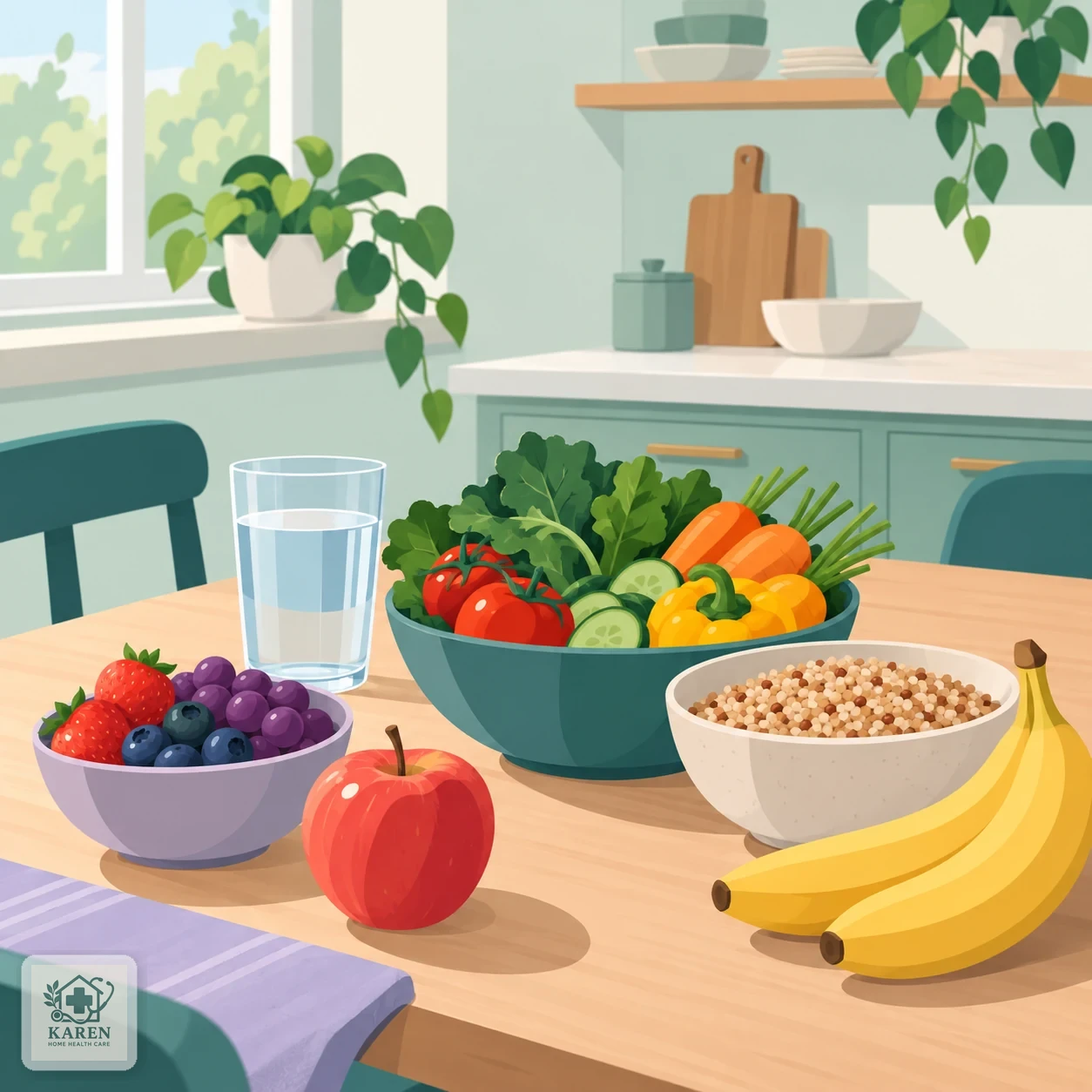 تصویر تزئینی از میز با لیوان آب، سبزی و میوه برای رژیم پرفیبر و نوشیدن کافی مایعات