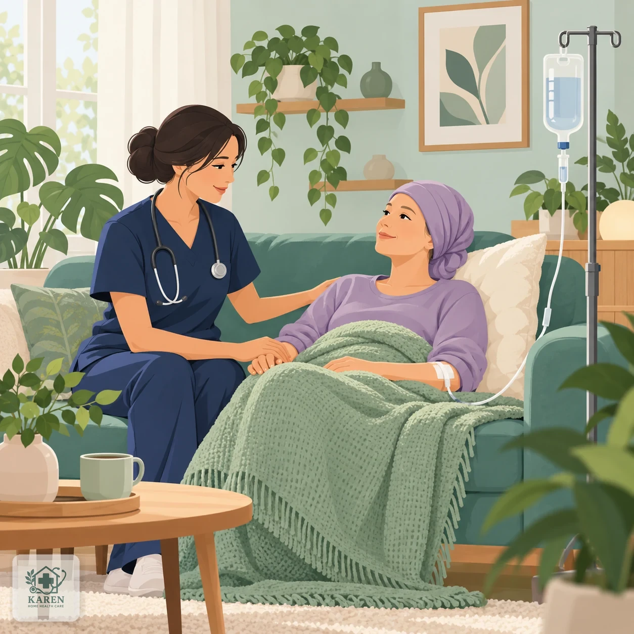 پرستار کنار بیمار نشسته روی مبل در حال بررسی سرم وصل‌شده در محیط گرم خانه