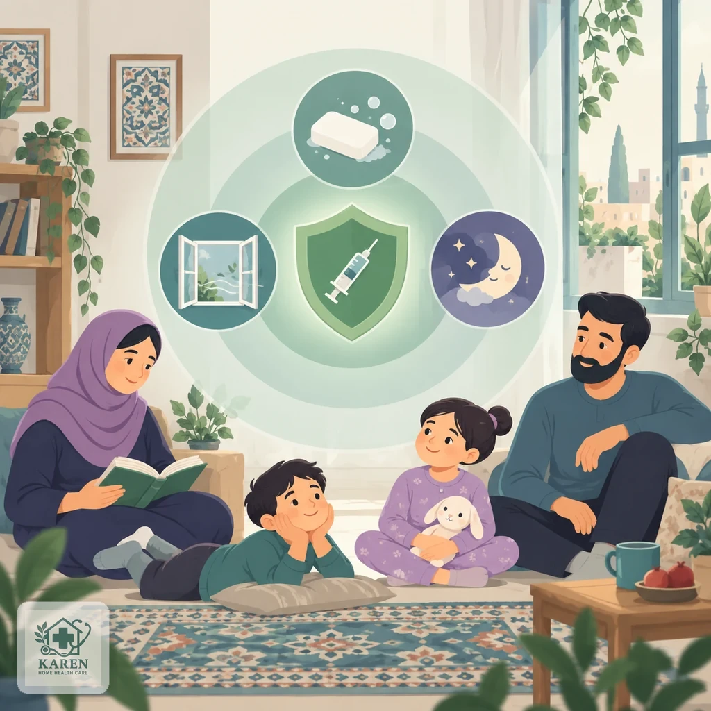 تصویر مفهومی ساده از یک سپر سبز در مرکز و چند لایهٔ محافظ دور آن شامل سرنگ واکسن، صابون و پنجرهٔ باز