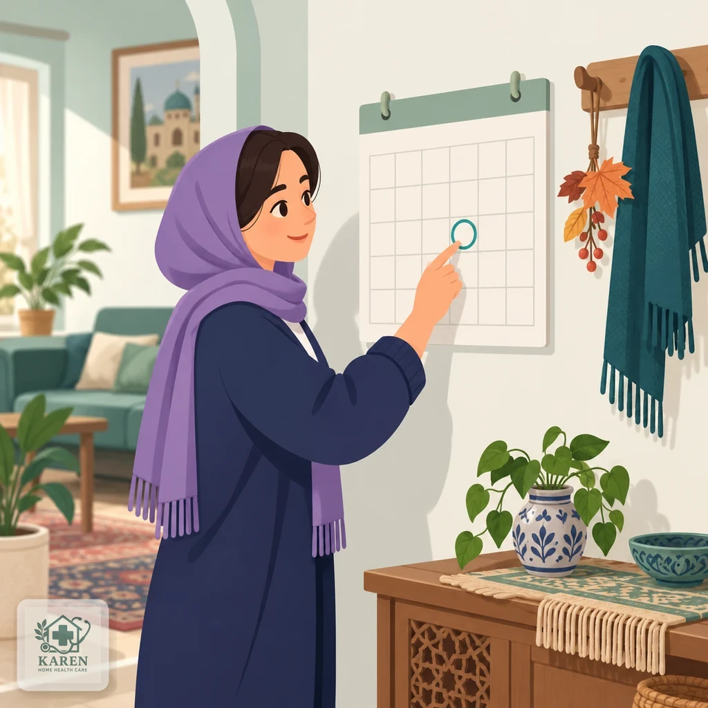 تقویم ساده بدون عدد با یک خانهٔ علامت‌خورده برای تزریق و فلش ملایمی که به فصل سرد می‌رسد