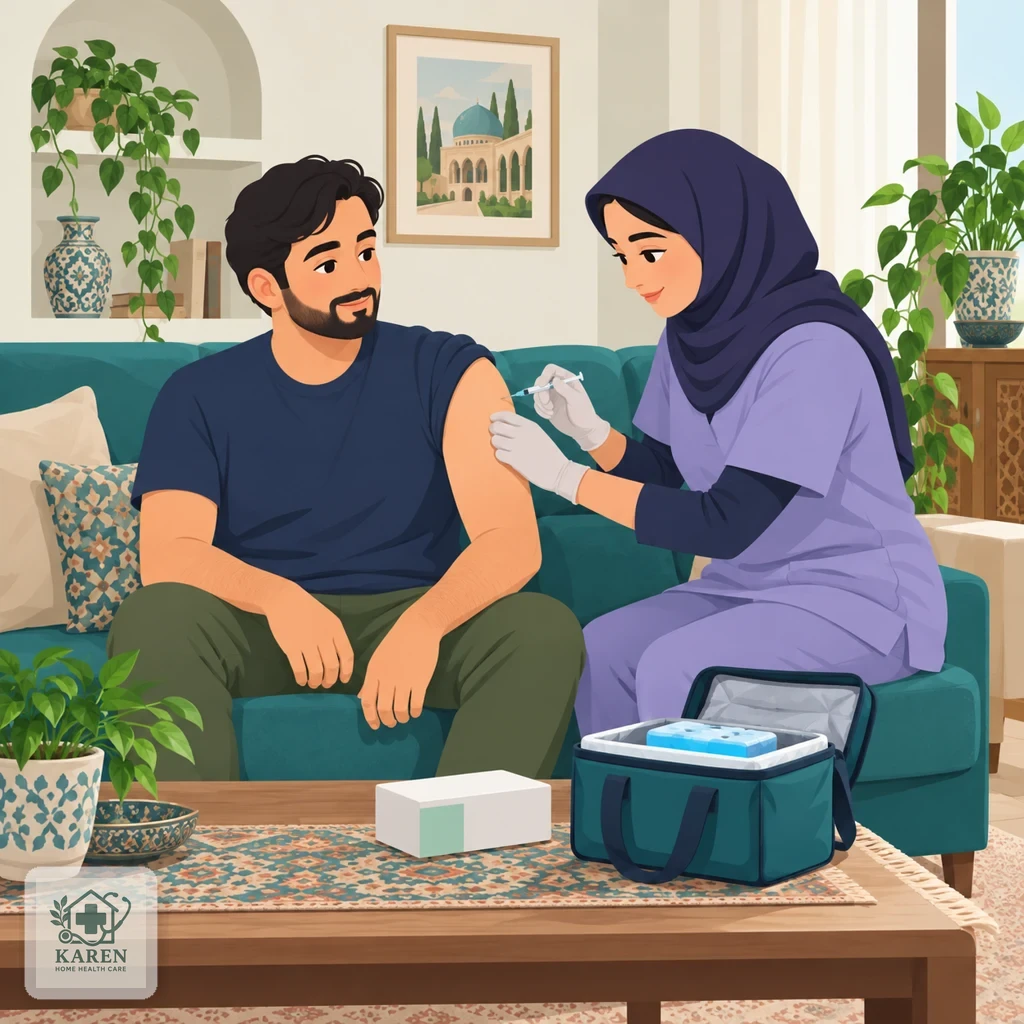 پرستار در منزل در حال تزریق واکسن به بازوی بزرگسالی نشسته روی مبل، با کیسهٔ یخ‌دار نگهداری واکسن روی میز