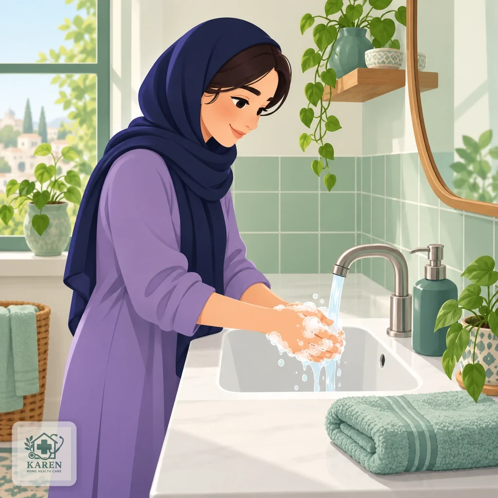 دست‌هایی که زیر شیر آب با کف صابون شسته می‌شوند در یک سینک ساده با حوله‌ای تمیز در کنار آن