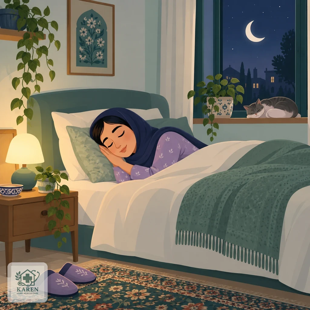اتاق خواب آرام با بالش و تخت مرتب، پنجرهٔ شب و چراغ خواب کم‌نور برای نشان دادن اهمیت خواب منظم