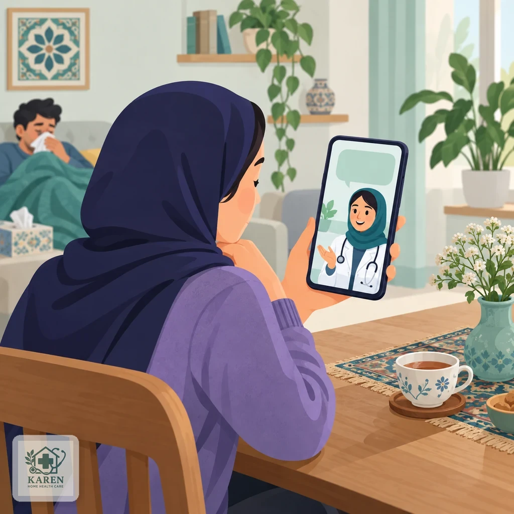 شخص با تلفن همراه در دست و پزشک ساده در یک پنجره گفت‌وگو روی صفحه، برای مشورت پس از تماس با فرد بیمار