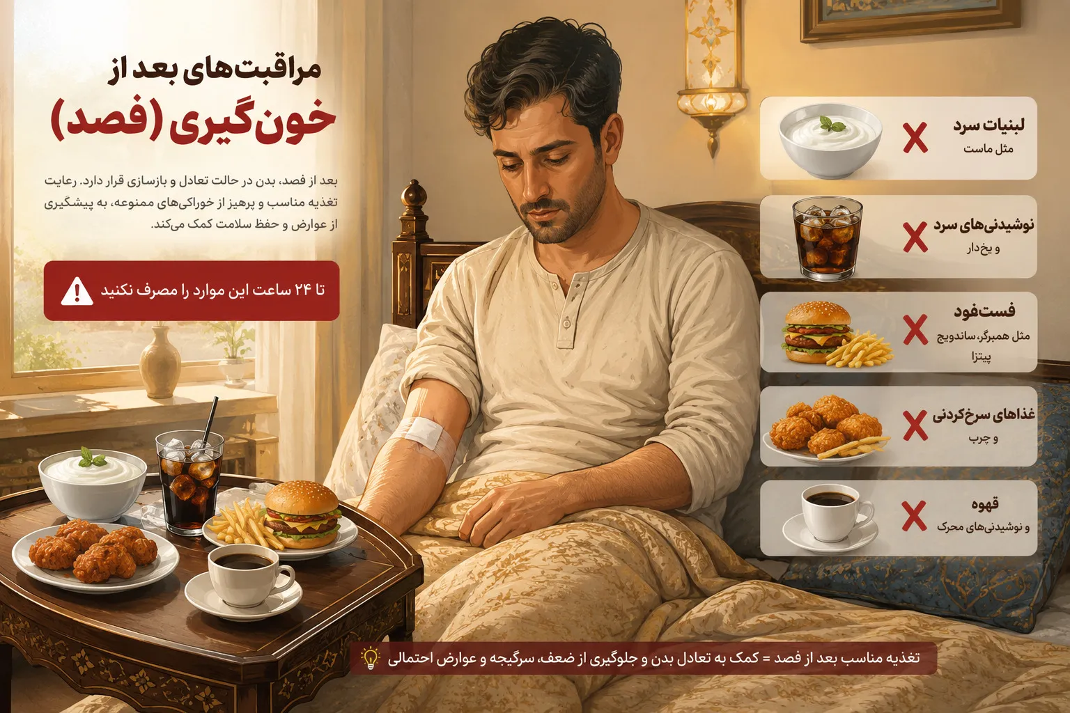بعد از فصد خون چی نخوریم - لیست غذاهای ممنوع بعد از فصد خون شامل لبنیات، غذای سرد و فست فود