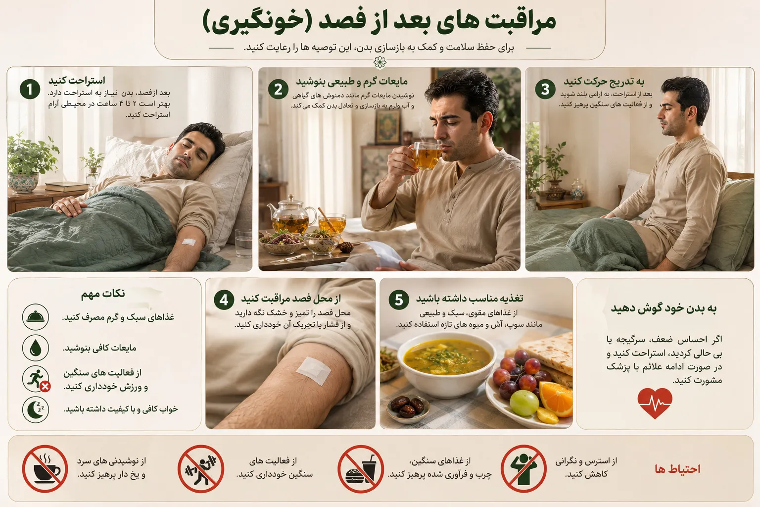 بعد از فصد خون چکار کنیم - استراحت، نوشیدن مایعات گرم و مراقبت فوری