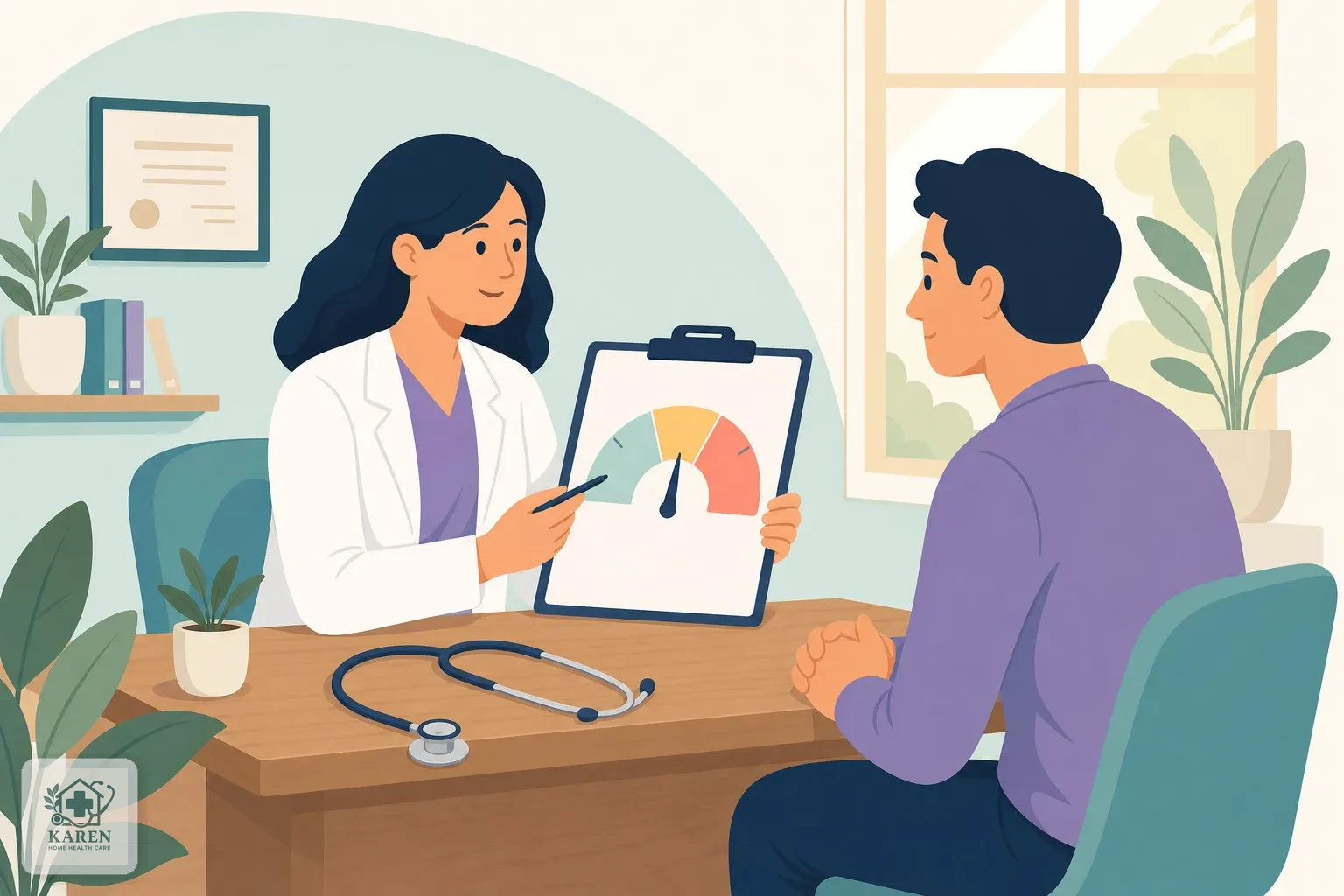 پزشک در حال توضیح محدوده هدف INR روی نمودار به بیمار