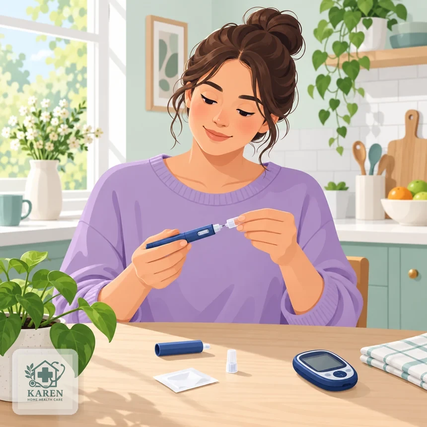 بیمار دیابتی در فضای آرام خانه در حال آماده‌کردن قلم انسولین روی میز تمیز