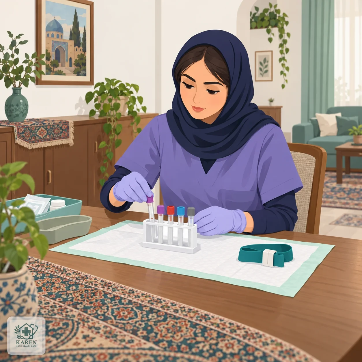 کارشناس نمونه‌گیری در حال آماده کردن لوله‌های آزمایش خون روی میز خانه بیمار