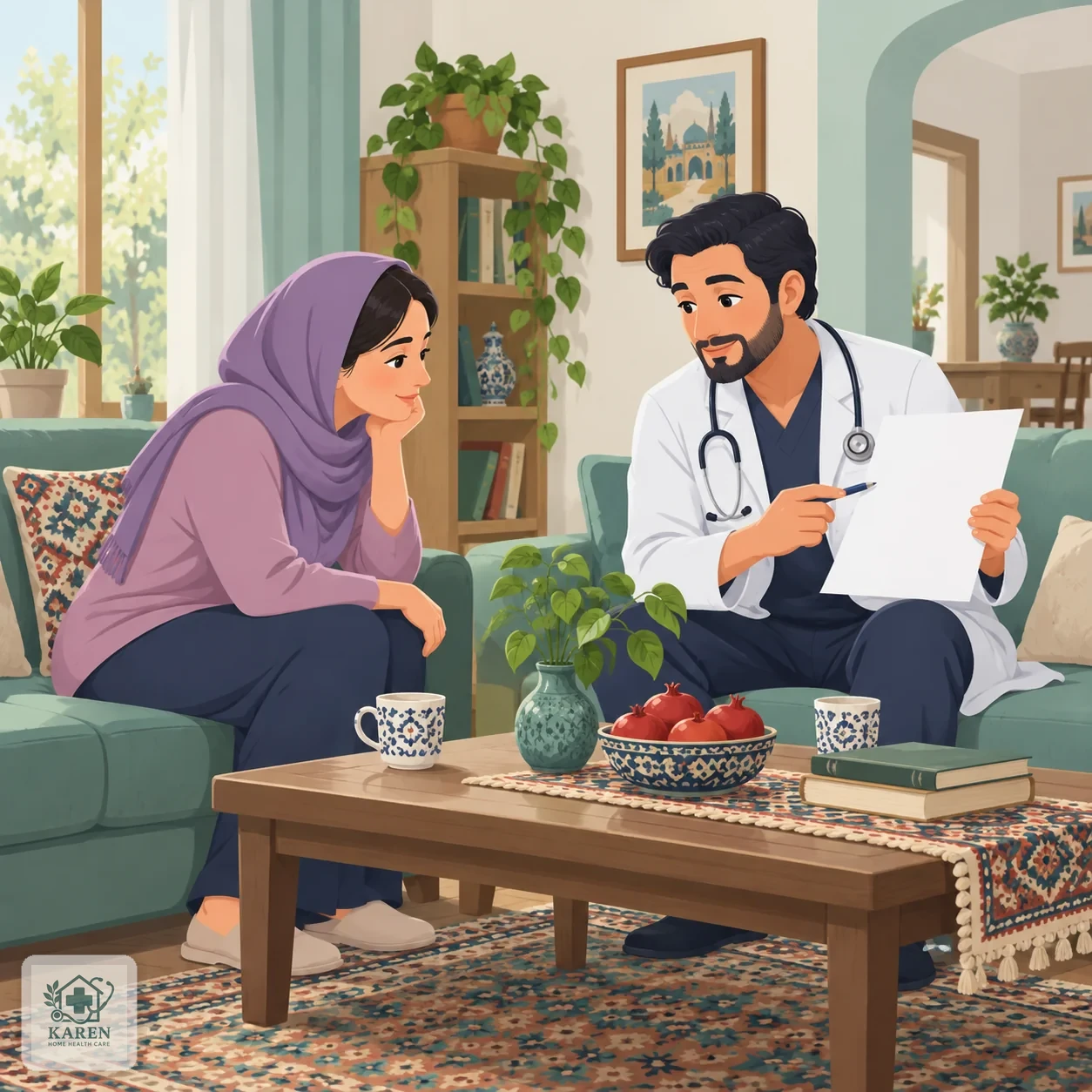 پزشک نشسته روبه‌روی بیمار در خانه در حال بررسی نتیجه آزمایش روی کاغذ