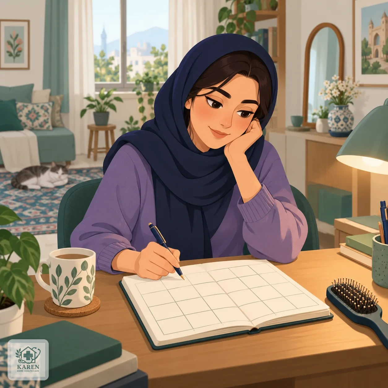 فرد نشسته پشت میز در حال ثبت تاریخ و شدت ریزش مو در یک دفتر یادداشت