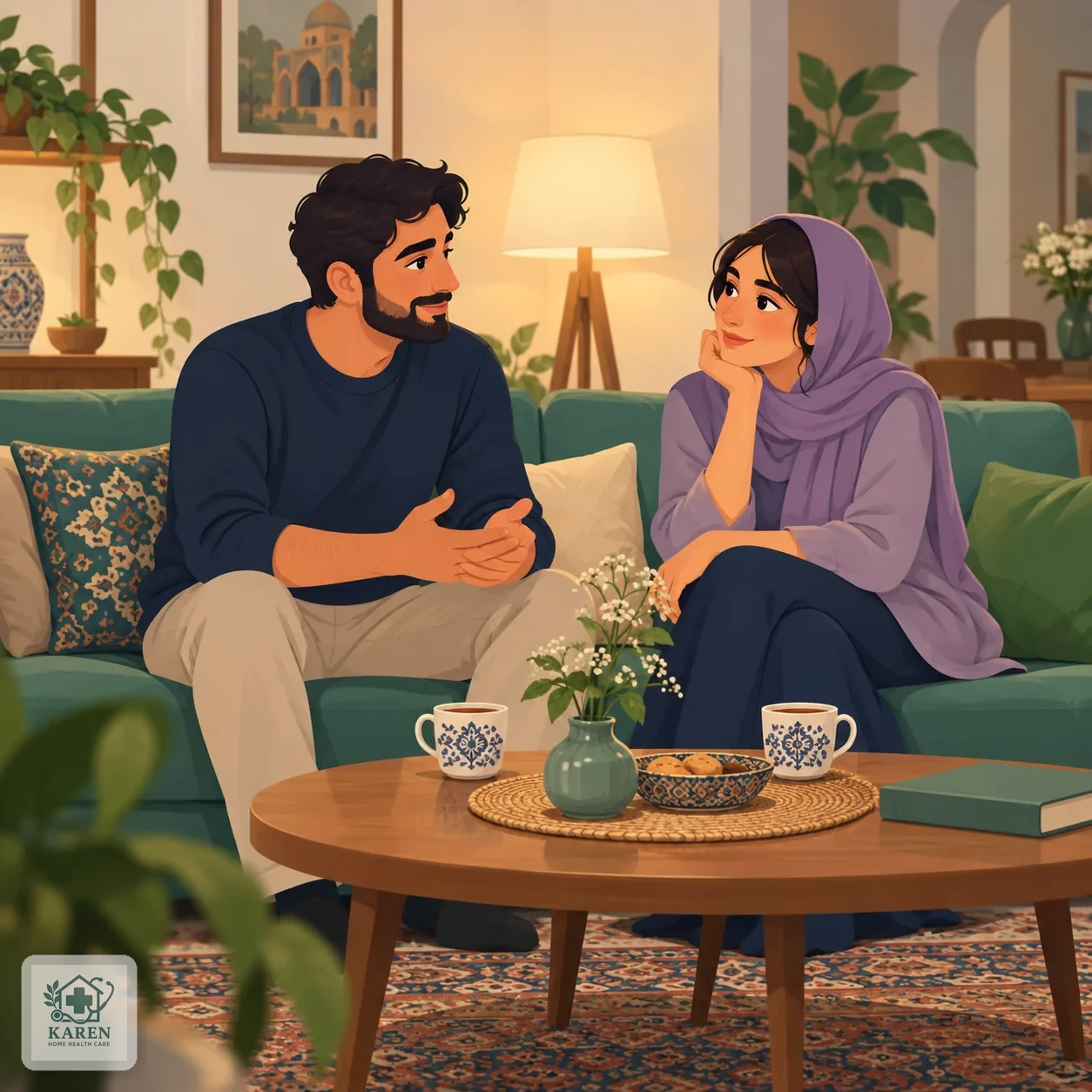 زوجی در حال گفت‌وگوی آرام در نشیمن خانه درباره ادامه برنامه درمانی