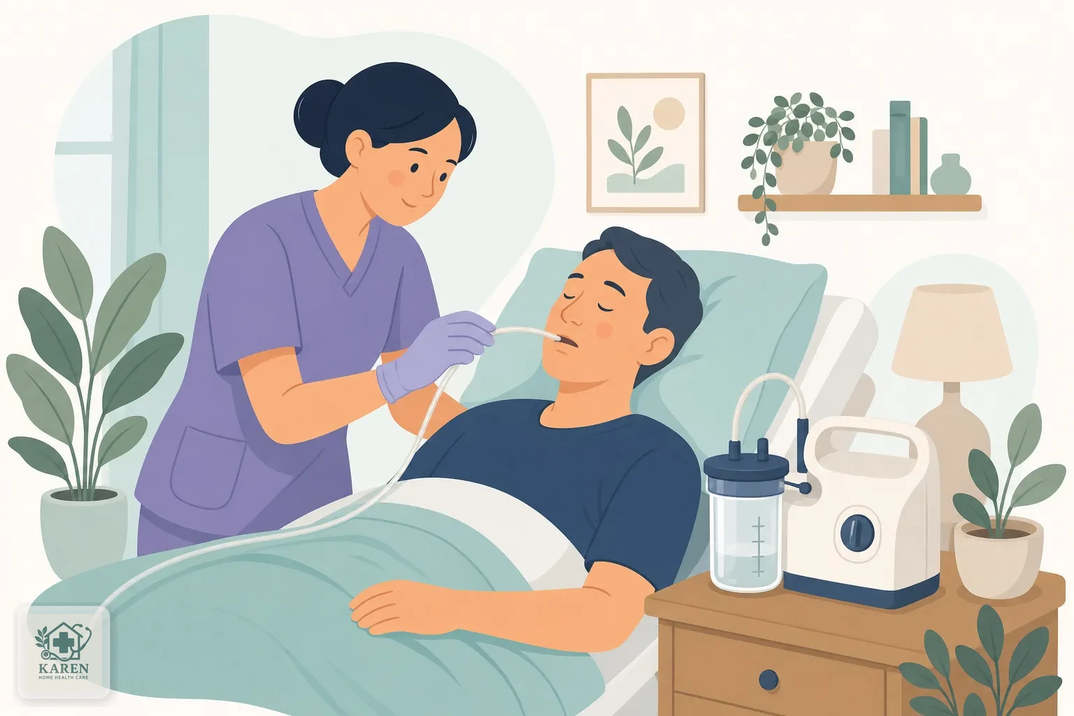 پرستار در حال انجام ساکشن ترشحات برای بیمار بستری در منزل