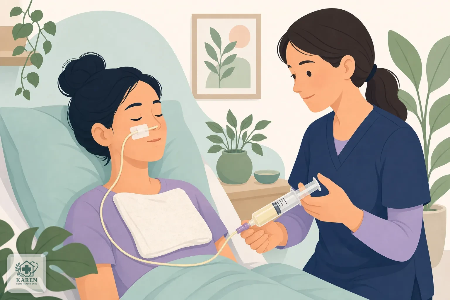 پرستار در حال تغذیه بیمار از طریق لوله بینی-معده با سرنگ در منزل