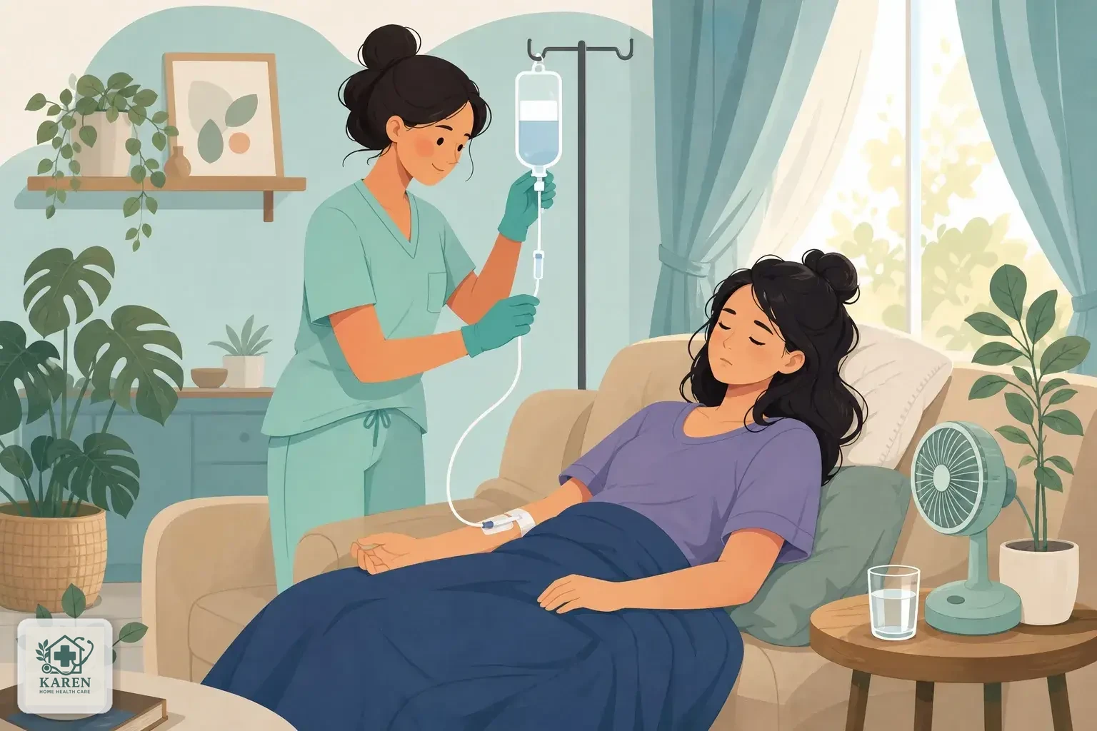 پرستار در حال وصل سرم برای بیمار دچار کم‌آبی شدید در منزل