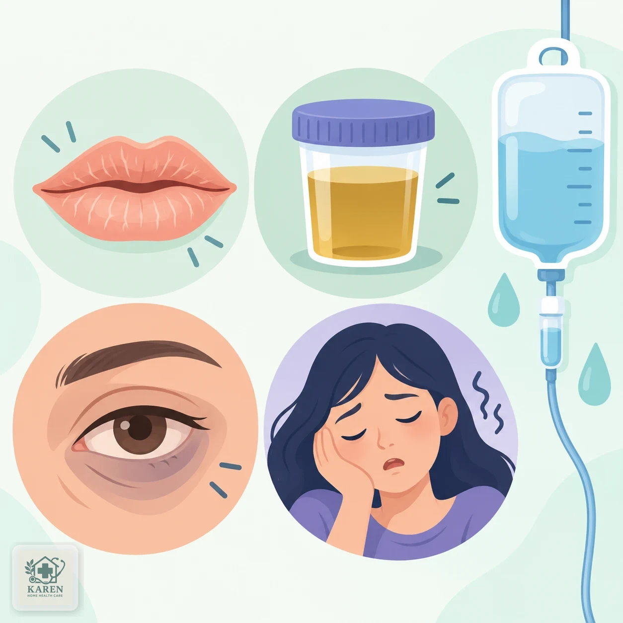 علائم کم‌آبی همراه با تب: لب خشک، ادرار تیره، چشم گود‌افتاده و خواب‌آلودگی