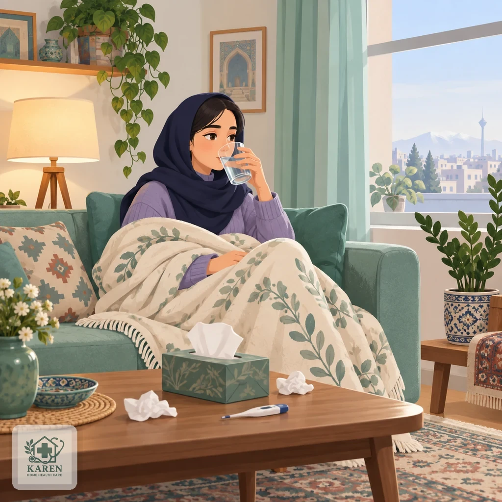بیمار آنفولانزایی با پتو روی مبل در حال نوشیدن جرعه‌جرعهٔ آب از لیوان، با دماسنج و دستمال کاغذی روی میز