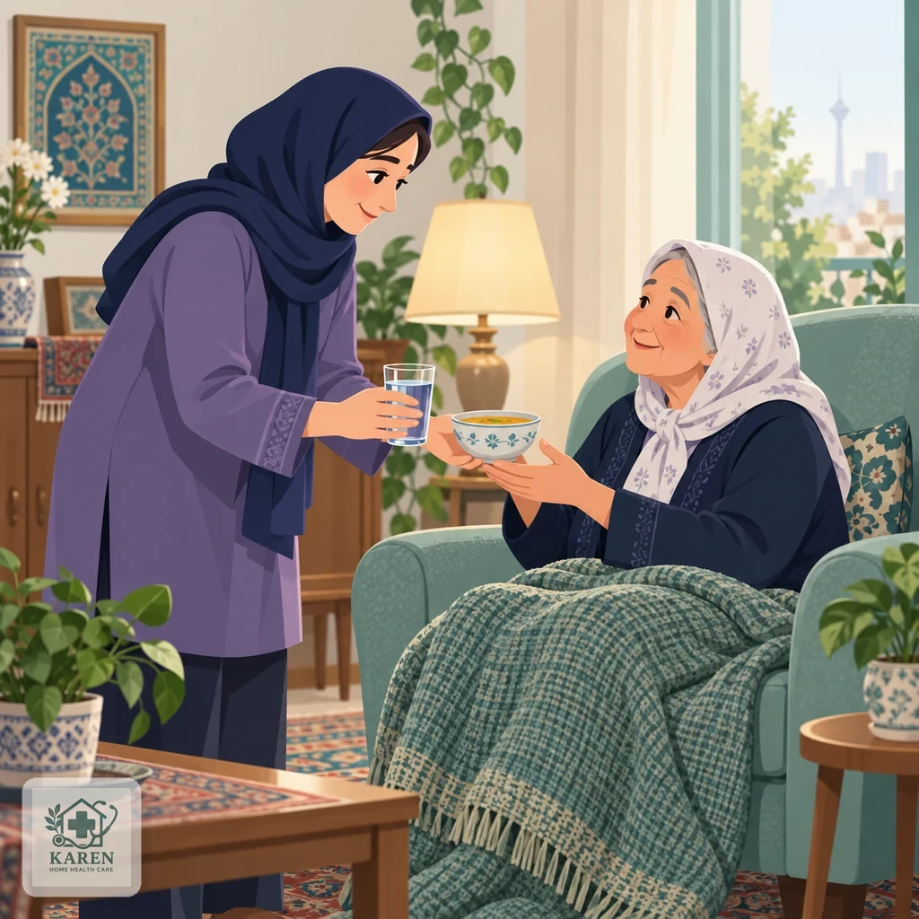 مراقب خانوادگی که لیوان آب و کاسهٔ سوپ را به سالمندی روی صندلی راحتی می‌دهد