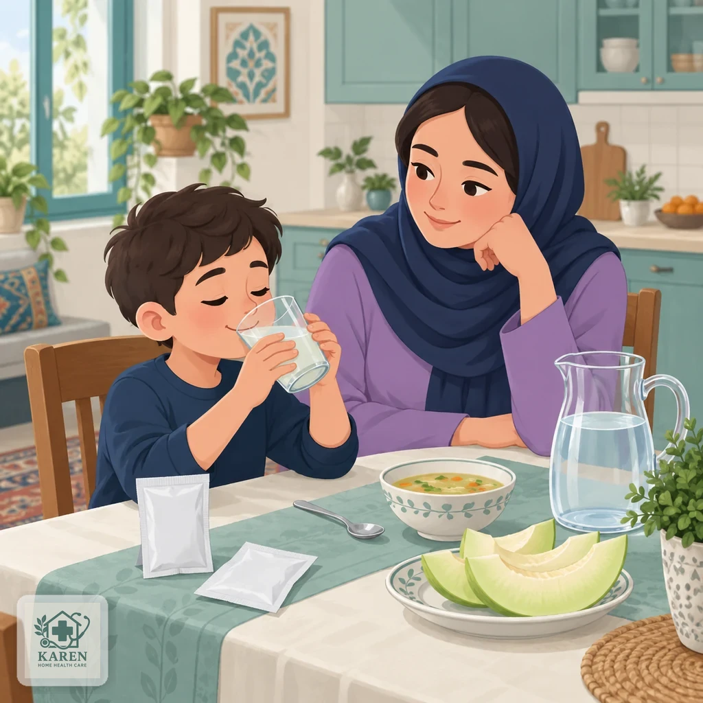 کیسهٔ سادهٔ محلول جبران آب، یک لیوان آب، قاشق و بسته‌های مایعات سبک روی میز آشپزخانه