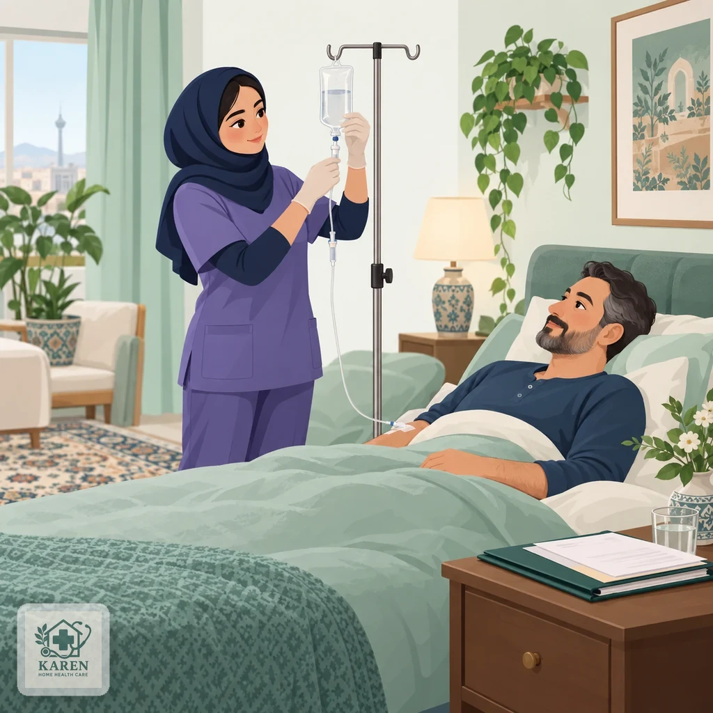 پرستار در منزل در حال آماده‌سازی ست سرم کنار بیمار روی تخت پس از بررسی دستور پزشک