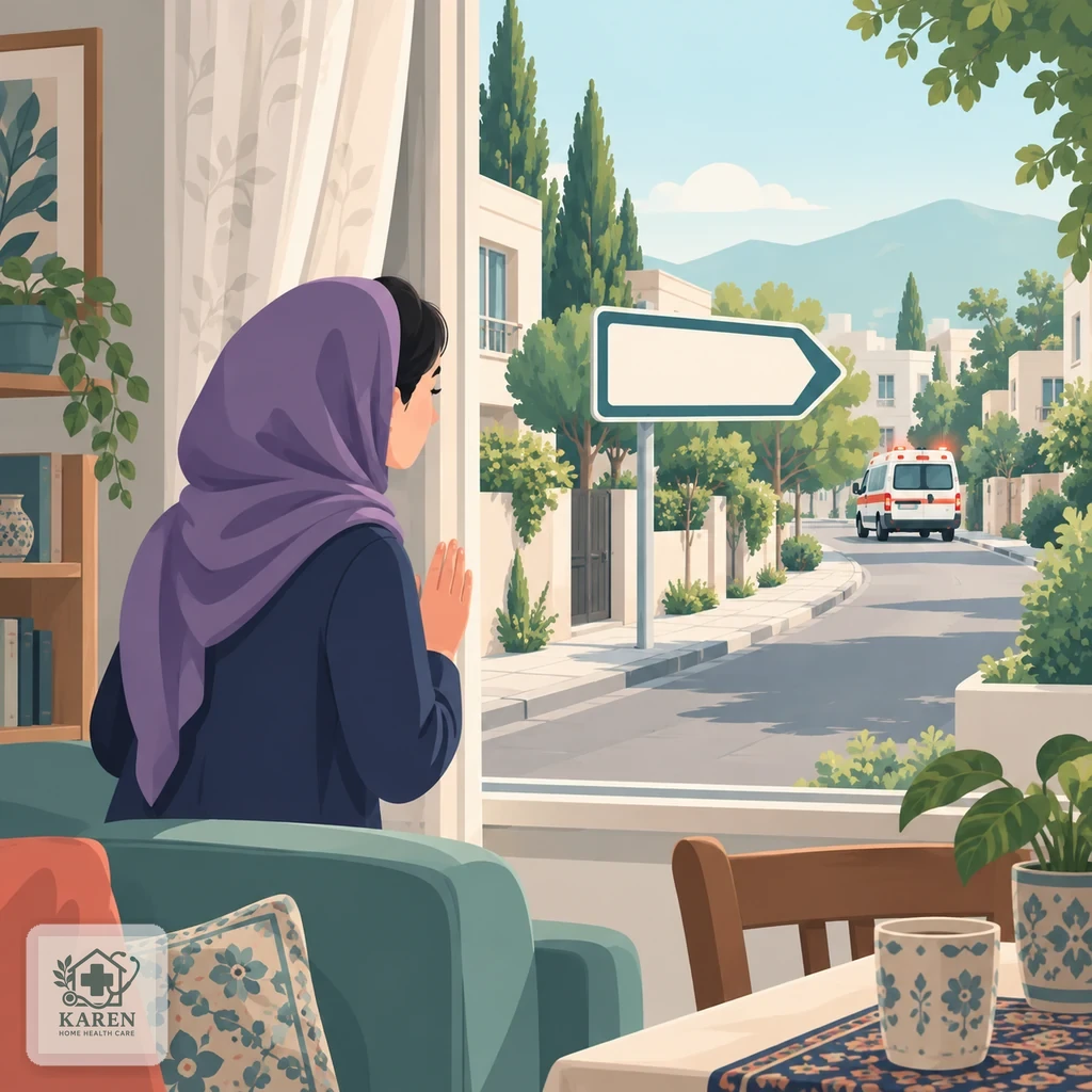 مسیر ساده با تابلوی هشدار بدون متن و آمبولانس کوچک در دور دست برای نشان دادن اقدام فوری در علائم خطرناک
