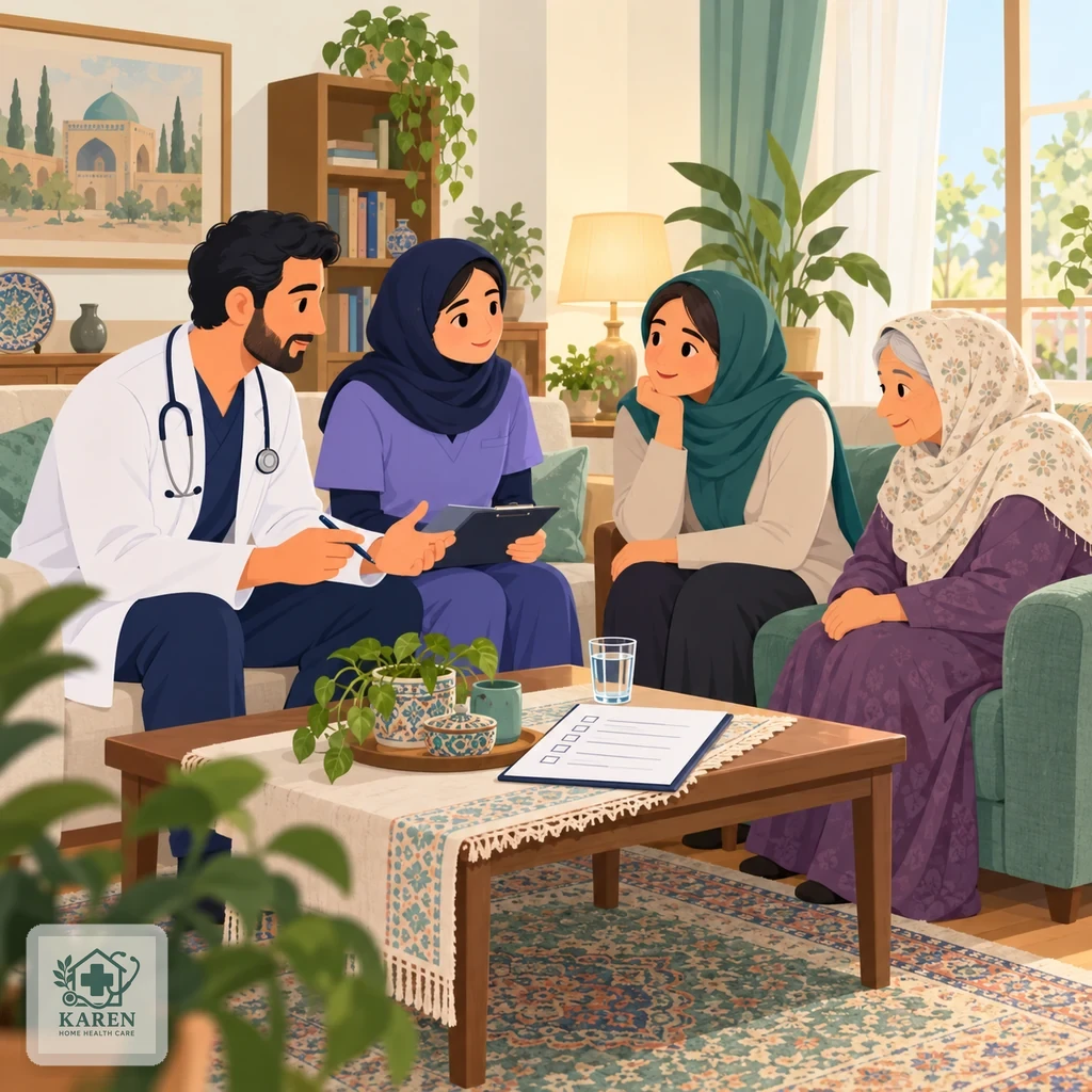 خانوادهٔ آرام در اتاق نشیمن همراه پزشک و پرستار که لیست مراقبت و برنامهٔ مایعات را مرور می‌کنند