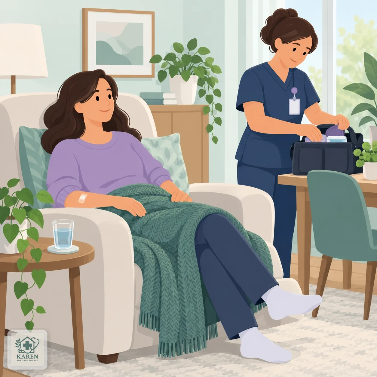 استراحت بیمار بعد از سرم با چسب کوچک روی ساعد و لیوان آب کنارش