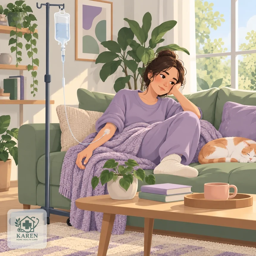 فرد خسته نشسته روی مبل خانه در کنار پایهٔ سرم، به‌عنوان نماد پرسش دربارهٔ اثر سرم تقویتی بر خستگی مزمن