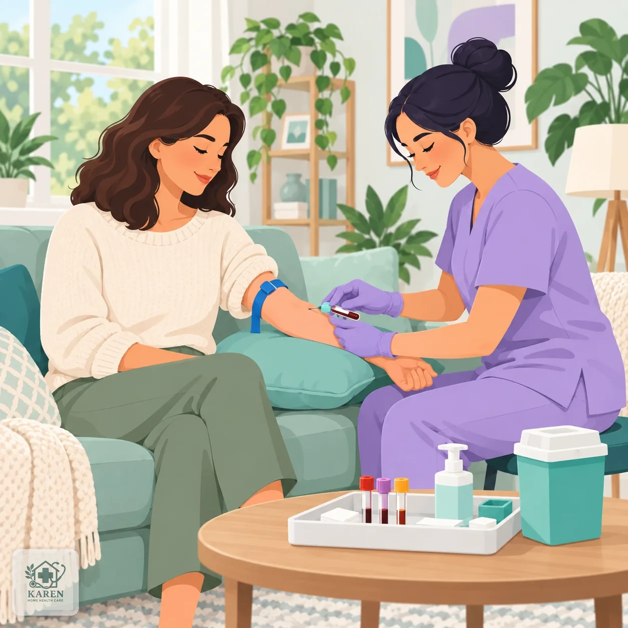 پرستار در حال نمونه‌گیری آزمایش خون در منزل پیش از تصمیم درباره تکرار تزریق سولوویت
