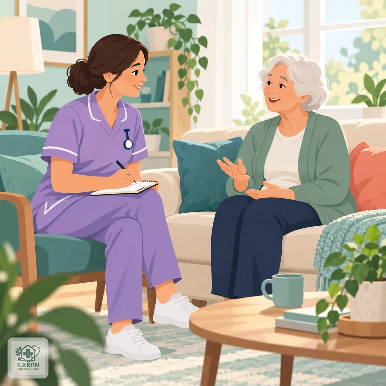 پرستار و بیمار سالمند در حال گفت‌وگو درباره وضعیت بعد از پایان یک دوره تزریق سولوویت