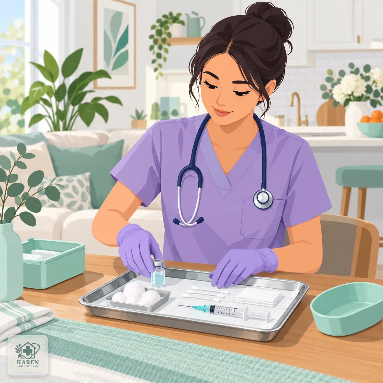 پرستار در حال آماده‌سازی تجهیزات استریل برای تزریق در منزل بدون نمایش نام دارو یا برند