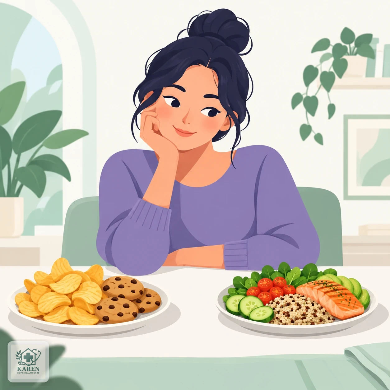 بشقاب حاوی چیپس و تنقلات کم‌ارزش غذایی در مقابل بشقاب دیگری با غذای متعادل و مغذی، در کنار هم روی میز