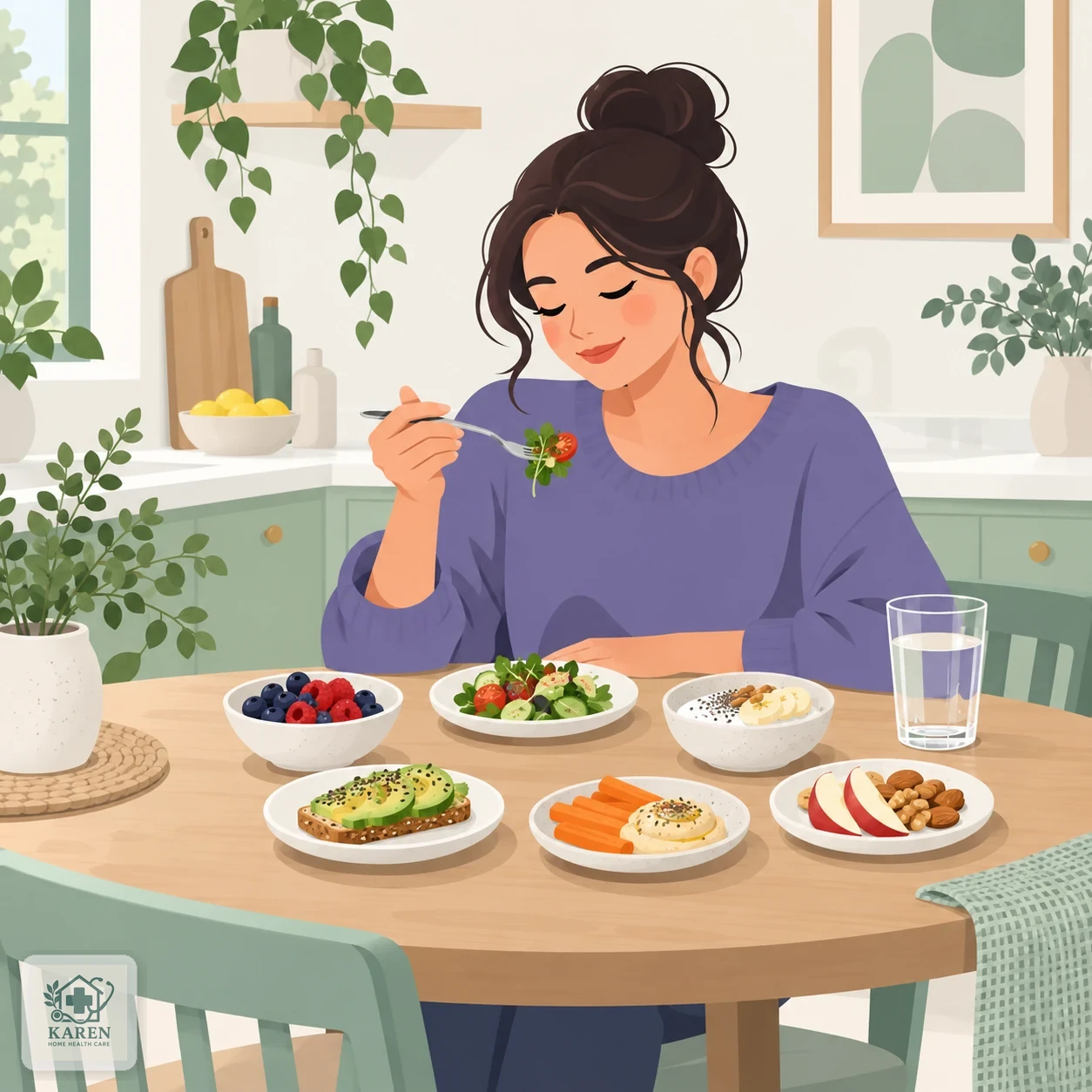 میز آشپزخانه با چند بشقاب کوچک غذای ساده و سبک به‌جای یک وعده حجیم، در کنار لیوان آب